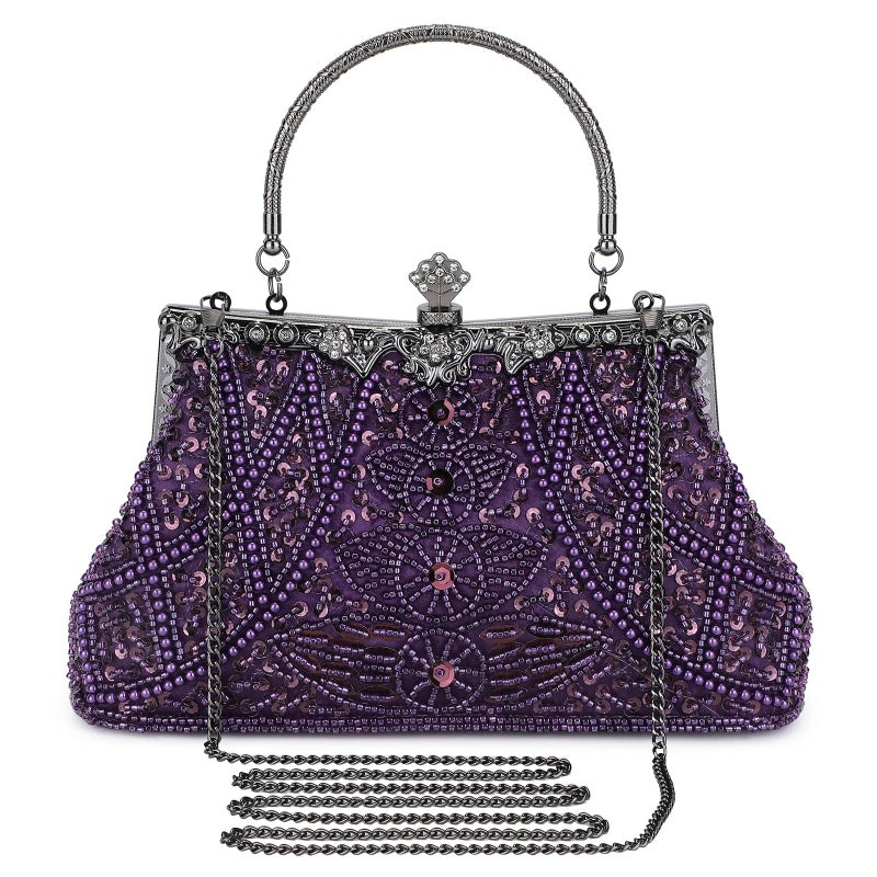 Selighting 1920s Vintage Beaded Clutch Evening Bags for Women Formal Bridal Wedding Clutch Purse Prom Cocktail Party Handbags Purple - Image 1